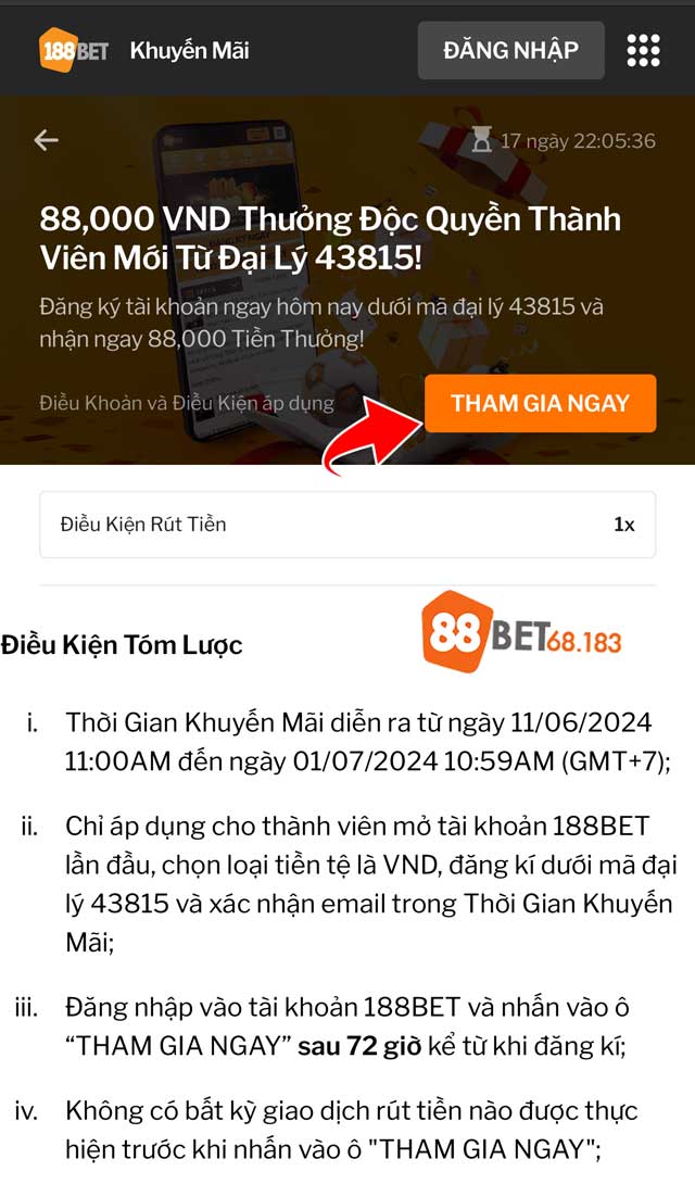Đăng Ký 188BET: Cách Đăng Ký Tài Khoản 188BET Hướng Dẫn Chi Tiết 1 Cần bấm vào ô : " tham gia ngay " để kích hoạt nhận thưởng 88k